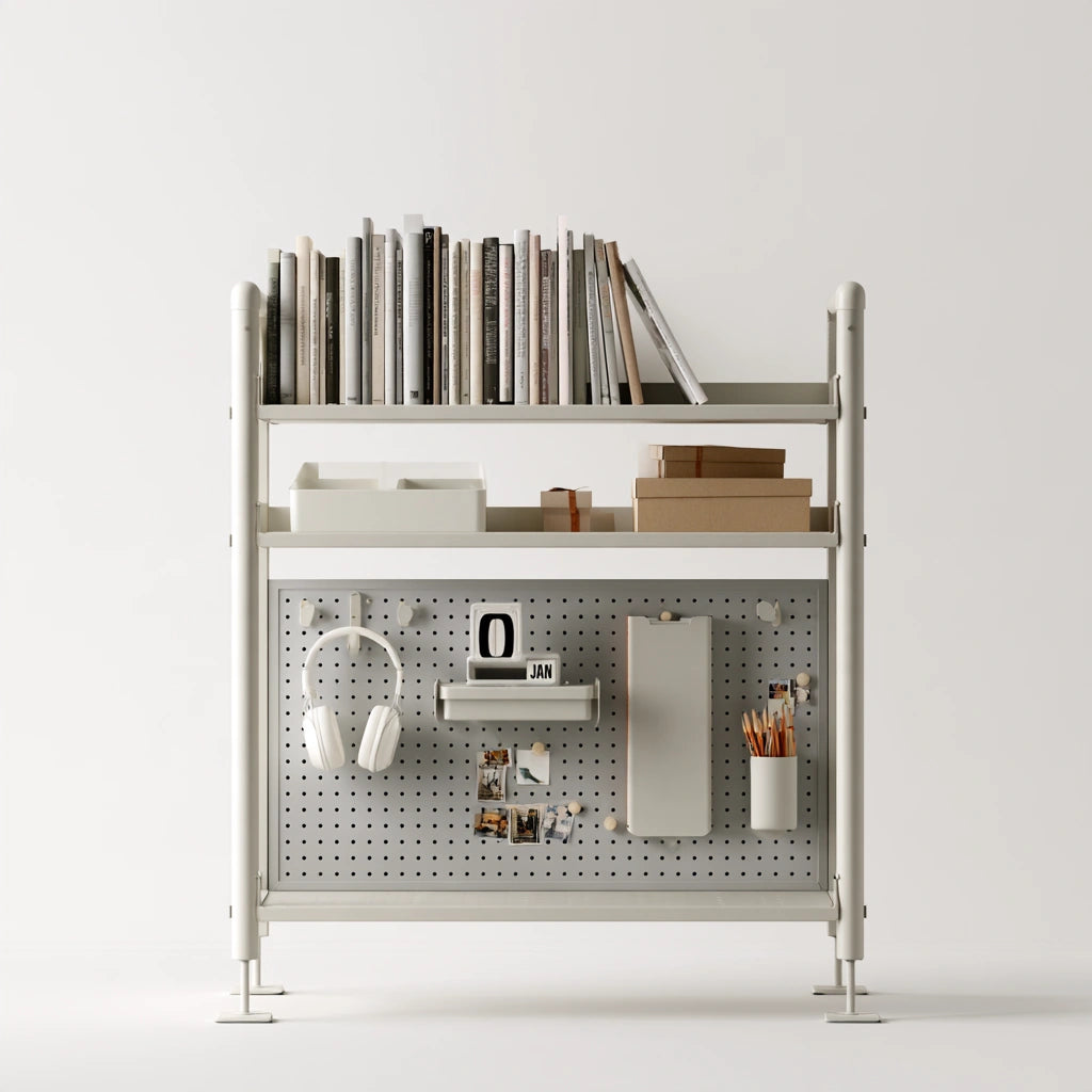 Sopralzo organizer da scrivania dalle linee essenziali, colore grigio chiaro e bianco avorio