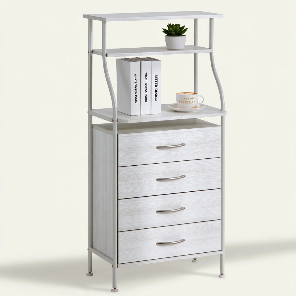 Baule portaoggetti dalle linee essenziali, colore grigio chiaro e bianco