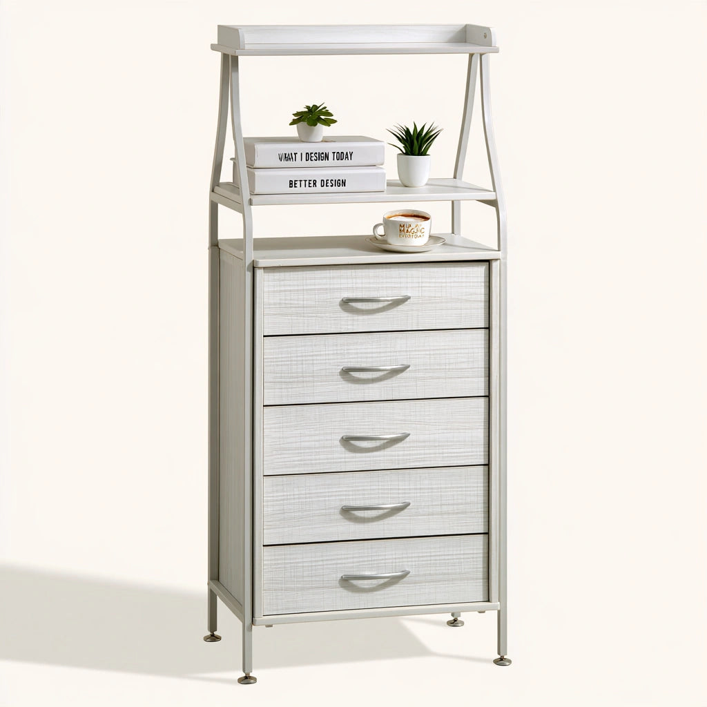 Baule portaoggetti dalle linee essenziali, colore grigio chiaro e bianco