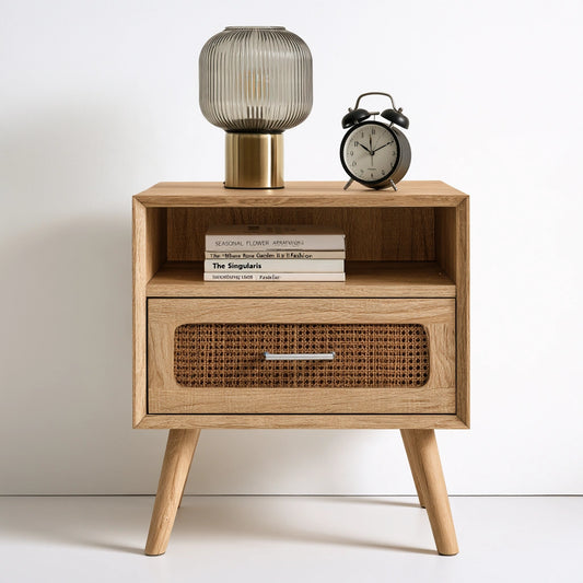Comodino in legno finitura rovere, colore marrone chiaro